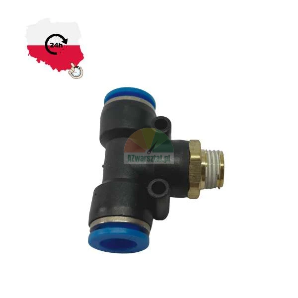 Pneumatic male branch tee push-in fitting, black body with blue release rings.