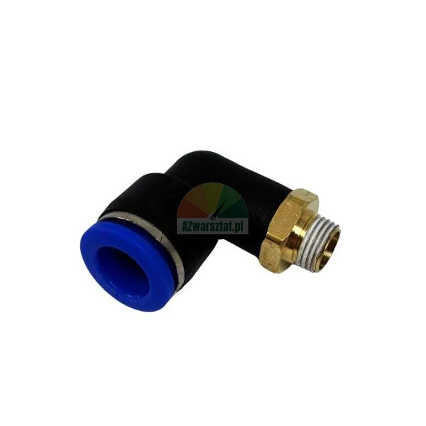 Pneumatic elbow push-in fitting with male thread, black body and blue release ring