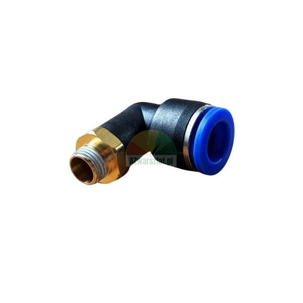 Pneumatic push-in elbow fitting with male brass thread and blue release ring.