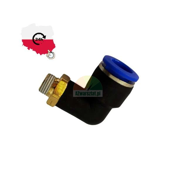 Pneumatic elbow push-in fitting with male thread, black body with blue release ring.