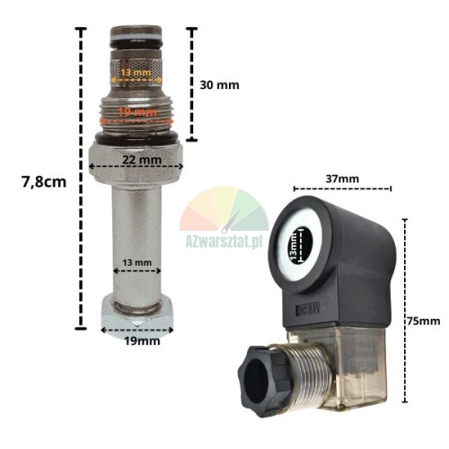 Lowering valve 19mm thread with 24V DC solenoid coil and dimensions