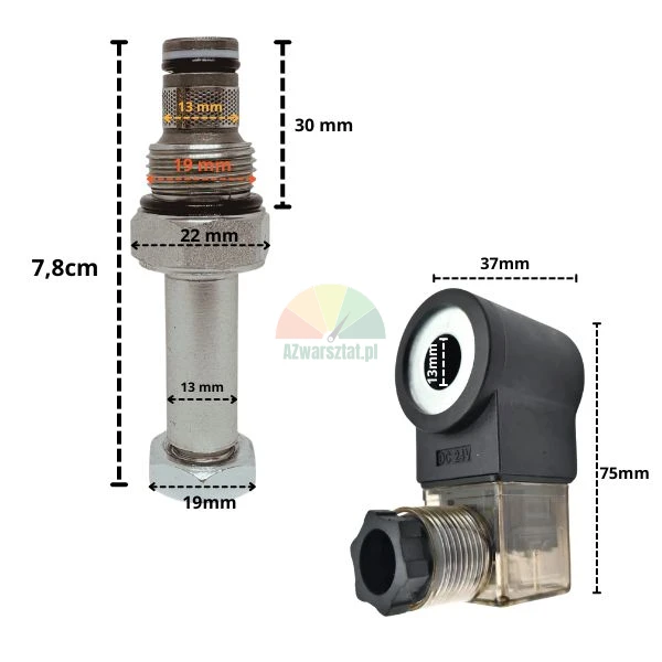 Lowering valve 19mm thread with 24V DC solenoid coil and dimensions
