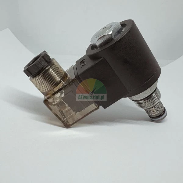 Hydraulic solenoid cartridge valve with electrical connector and coil on white background