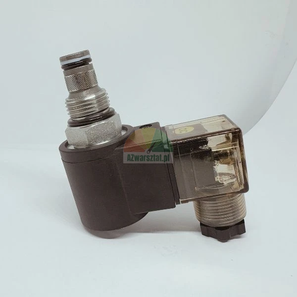 Hydraulic solenoid valve with a coil and a transparent electrical connector on a white background.