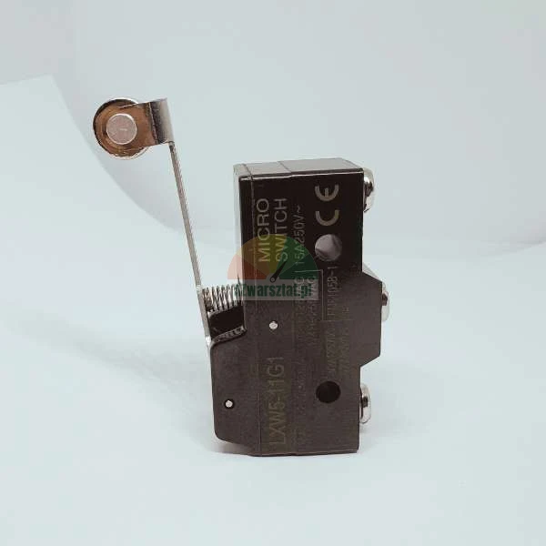 Black micro switch with a roller lever actuator, model LXW5-11G1, 15A 250V AC.