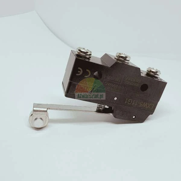 Black micro switch with a roller lever, model LXW5-11G1, featuring screw terminals.