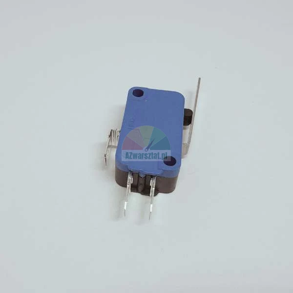 Microswitch with blue housing, metal lever, and terminals.