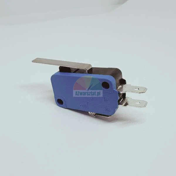 Blue microswitch with a metal lever actuator and two flat silver terminals.