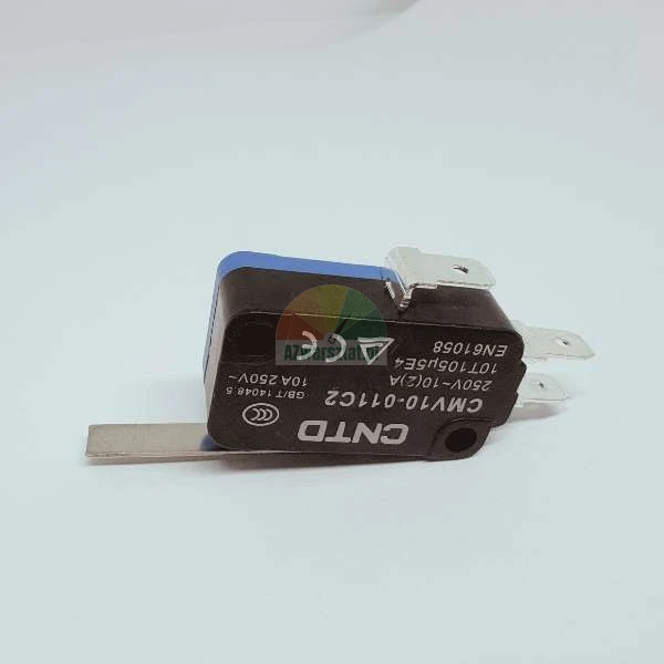 Black CNTD CMV10-011C2 microswitch 10A 250V with metal lever and terminals on a bright background