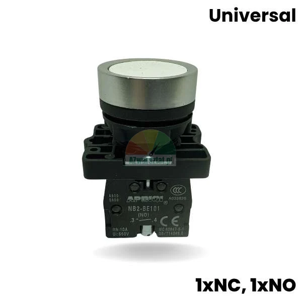 White universal lift push button switch with 1xNO and 1xNC contacts