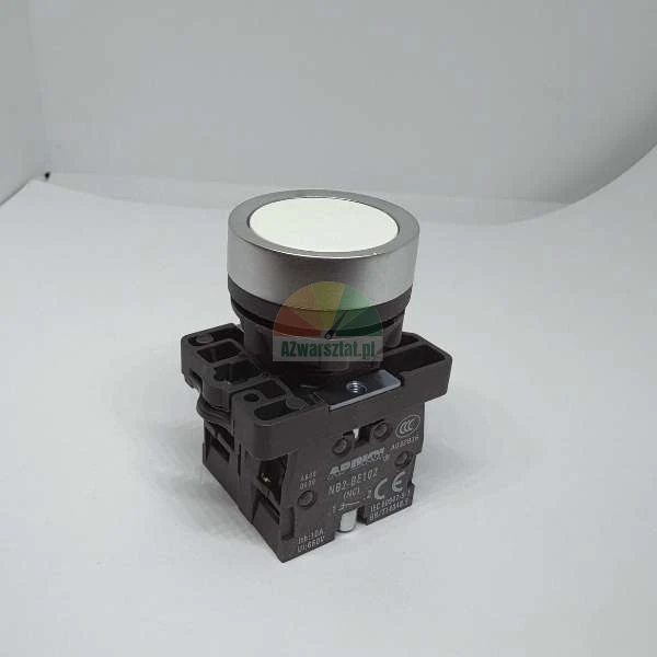 White industrial push button switch with a silver bezel and black mounting base.