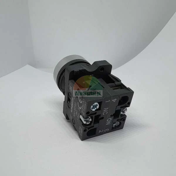 Industrial push button switch with NC and NO contact blocks and screw terminals.