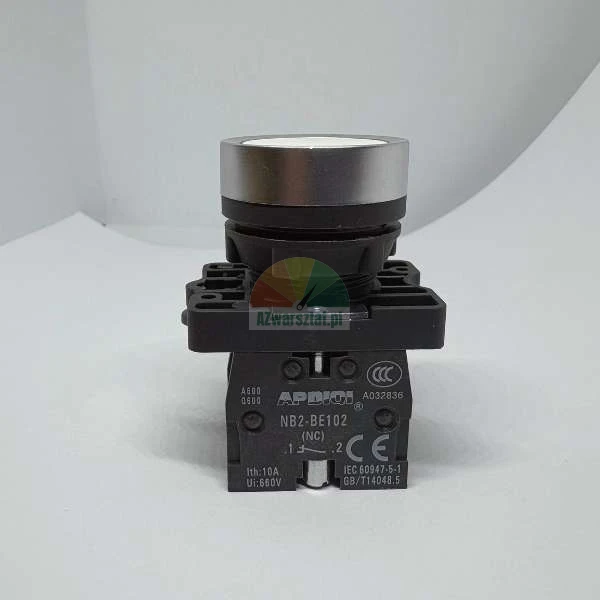 Industrial pushbutton switch APDIQI NB2-BE102 NC with silver actuator.