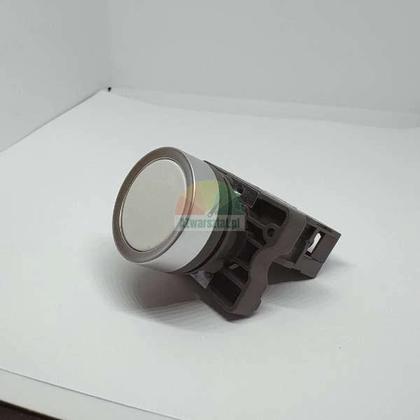 Round control pushbutton with metal bezel and white button on a grey plastic body