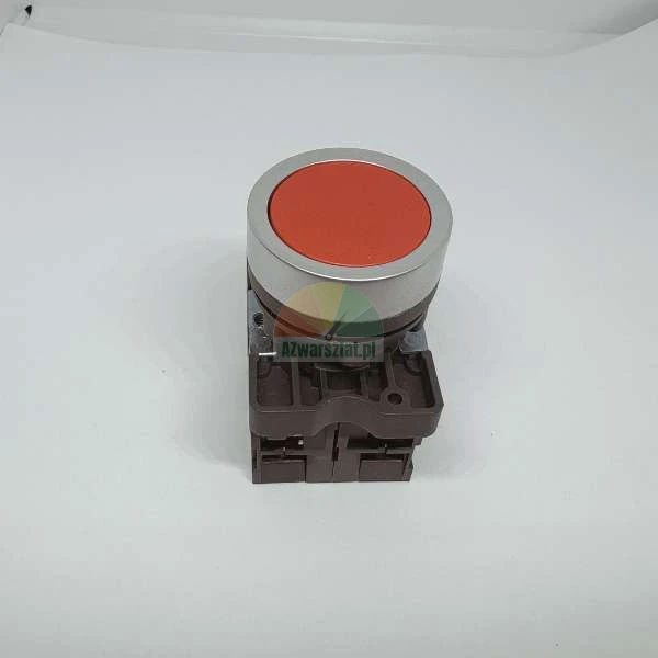 Industrial red push button with silver ring on a dark base