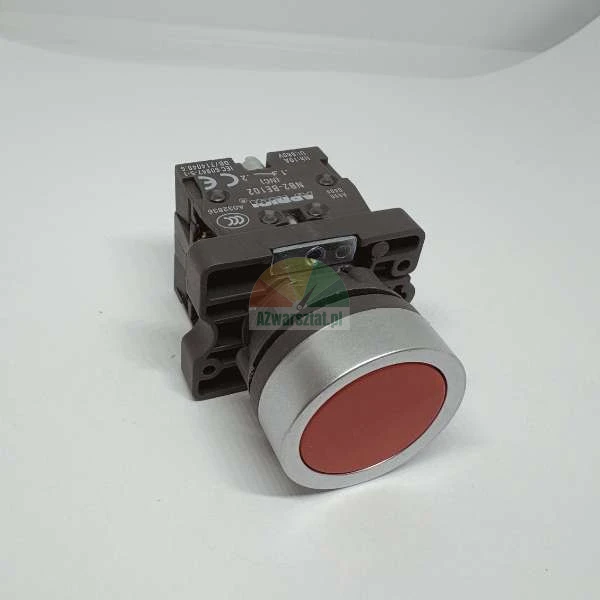 Red industrial pushbutton switch with silver bezel and black housing, model NB2-BE102