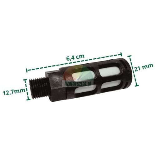 Large plastic muffler with 12.7mm thread and dimensions labels