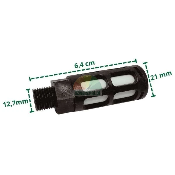 Large plastic muffler with 12.7mm thread and dimensions labels
