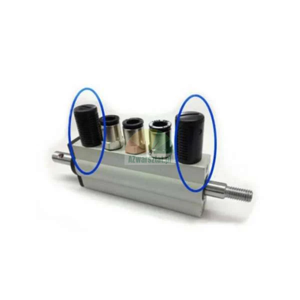 Pneumatic cylinder with black silencers highlighted in blue circles