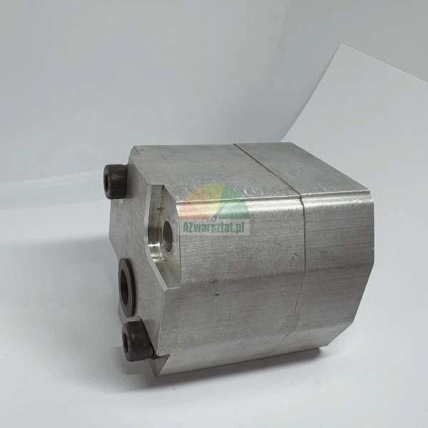 Aluminum hydraulic pump housing with visible mounting holes and hex bolts on a white background.