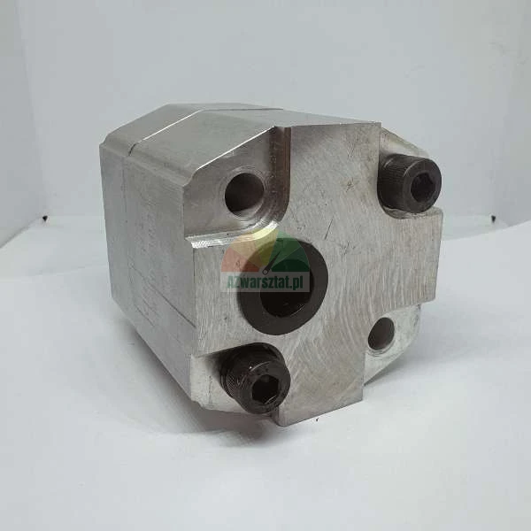 Aluminum hydraulic gear pump with visible mounting holes and socket head bolts on a white background.
