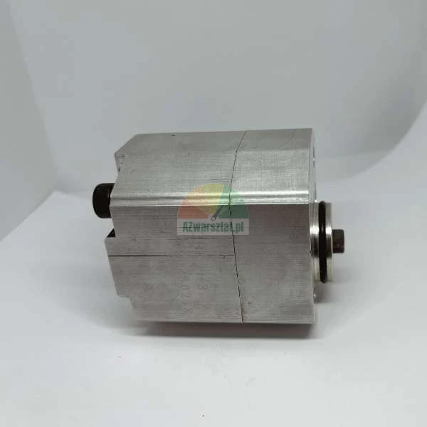 Metal hydraulic gear pump with an aluminum body, side view.