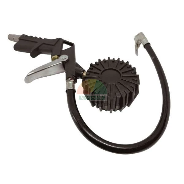 Tire inflator gun with pressure gauge and flexible hose
