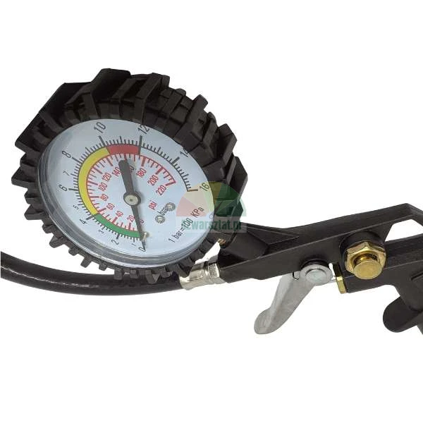 Pneumatic tire inflator gun with analog pressure gauge showing bar and psi scales.