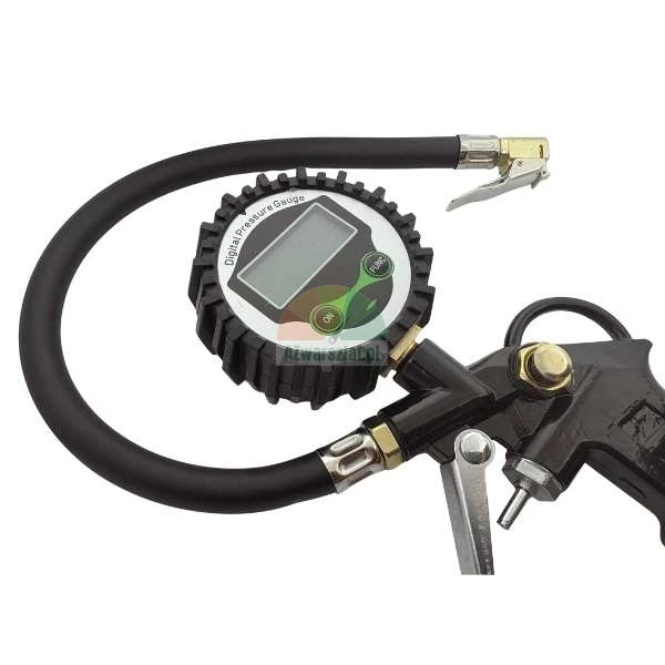 Digital tire inflator gun with pressure gauge and hose.