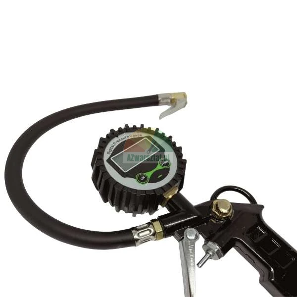 Digital tire inflator gun with pressure gauge and flexible hose.