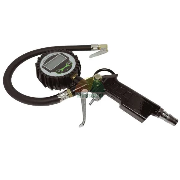 Digital tire inflator with pressure gauge and flexible hose.