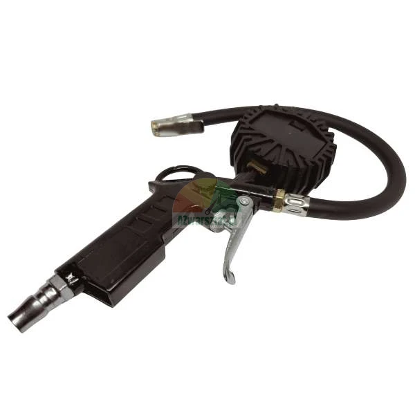 Black tire inflator gun with pressure gauge and hose