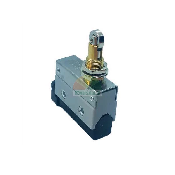 Limit switch with a roller plunger actuator in a metal and plastic housing.