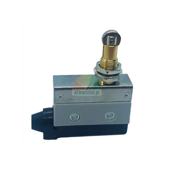 Limit switch with a roller plunger actuator in a metal housing on a white background.