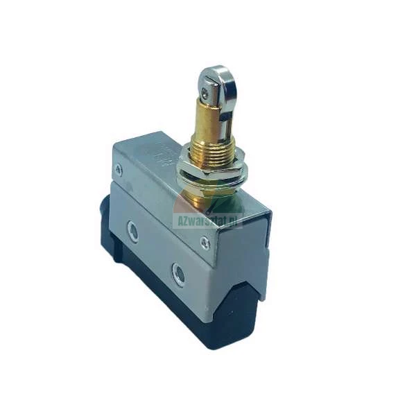 Metal limit switch with roller plunger for industrial applications.