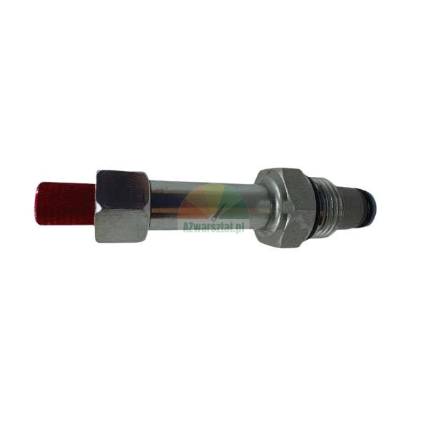 Metal hydraulic valve with a red protective cap and O-ring seal.