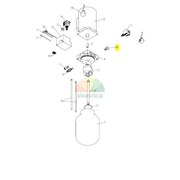 Technical exploded view diagram of a machine assembly with part number 8 highlighted in yellow.