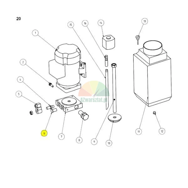 Technical exploded view diagram of a pump assembly with part number 6 highlighted in yellow.