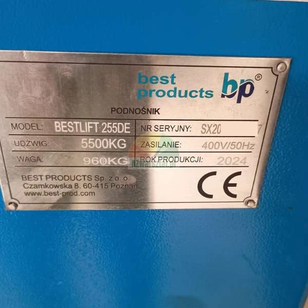 Rating plate of the BEST LIFT 255DE lift