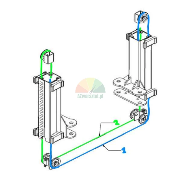 Technical diagram of cable routing for a two-post lift, displaying two paths color-coded green (2) and blue (1).