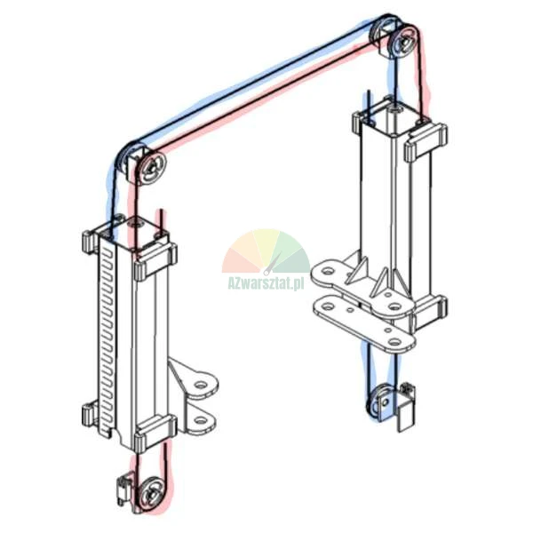 Technical drawing of a cable and pulley synchronization system for two vertical supports.