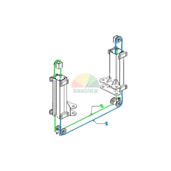 Technical drawing of a two-post lift synchronization system highlighting cables and pulleys.