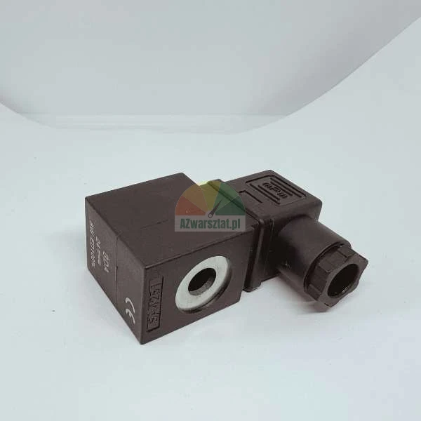 Black solenoid valve coil 24V DC with MPM connector and visible technical markings.