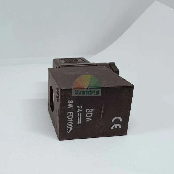 Black solenoid coil BDA 24V 8W ED100 percent with CE marking on a white background