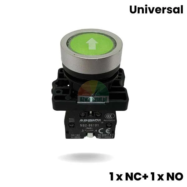 Green elevator button with arrow, 1 x NO and 1 x NC contacts.