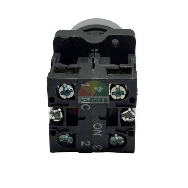 Black auxiliary contact block with screw terminals and markings 1 NC 2 and 3 NO 4.