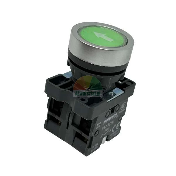Green industrial pushbutton with a white up arrow and silver bezel on a black contact block.