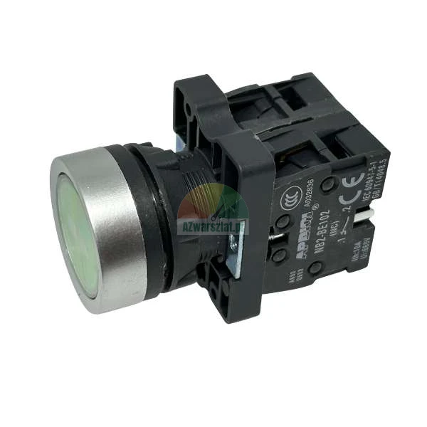 Green industrial push button switch with silver bezel and contact block