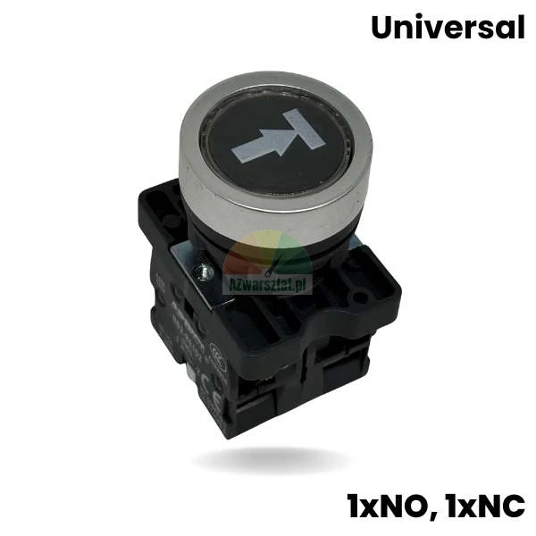 Black lift button with arrow and line symbol, 1 x NO and 1 x NC contacts, silver bezel