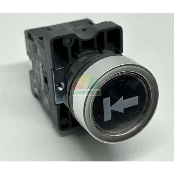 Industrial black pushbutton switch with left arrow and vertical bar symbol in silver bezel